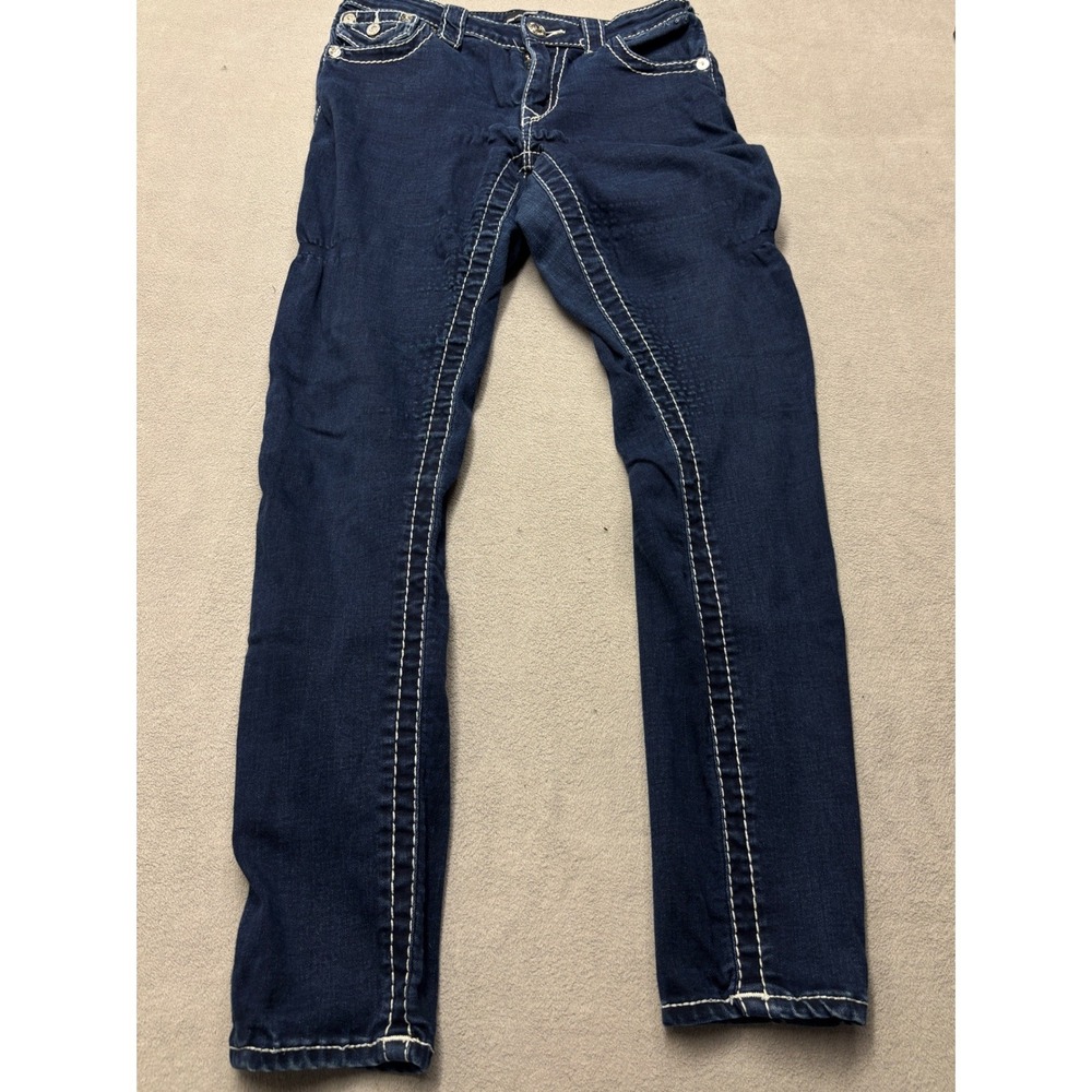 True Religion Jennie Curvy Mid Rise Skinny Jeans Indigo White Big T Stitch 27
